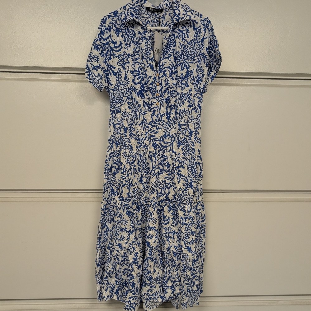 ZARA BLUE OPENWORK EMBROIDERY EMBROIDERED MIDI DRESS BUTTONS M,L,XL 3077/615 - Picture 13 of 17